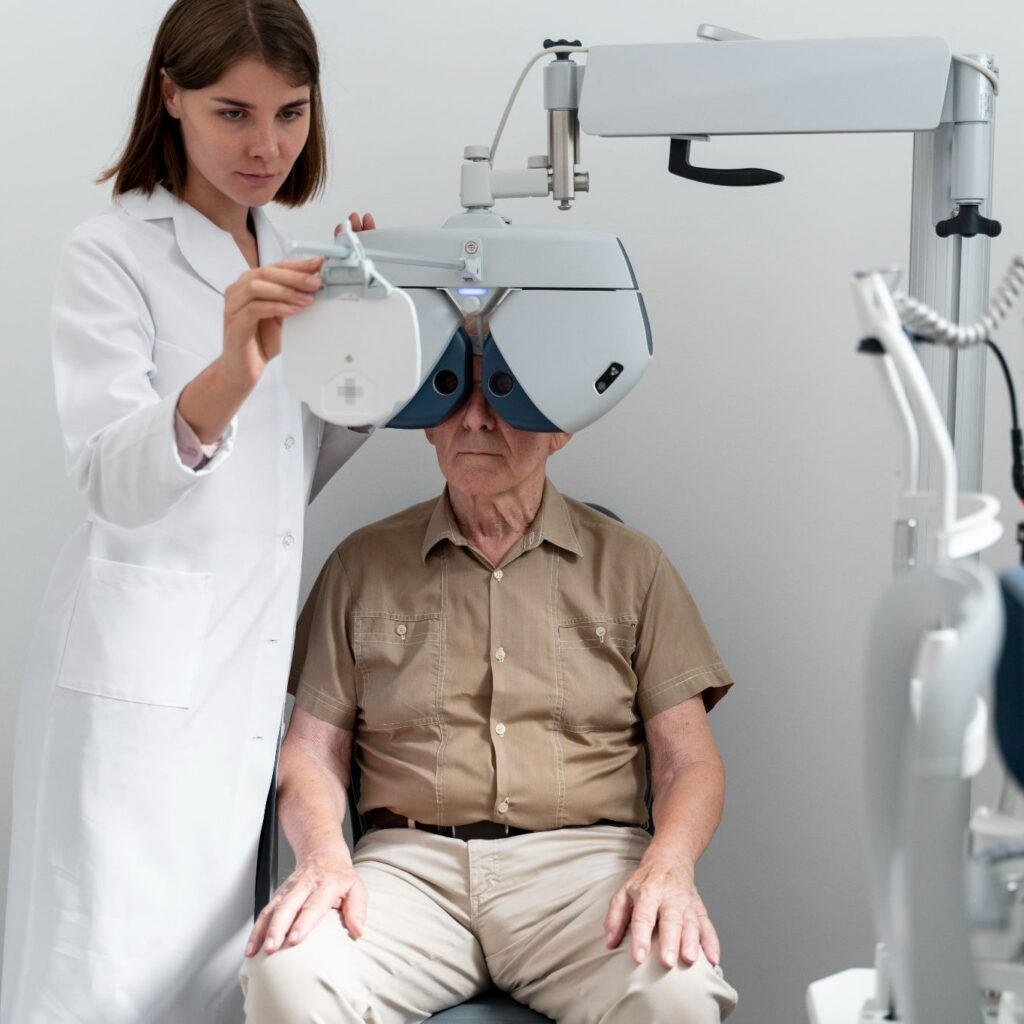 doctor checking the eye of cataract patient